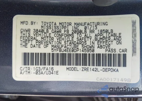 2013 Toyota Corolla L из США, поврежденный, VIN 5YFBU4EE0DP145950